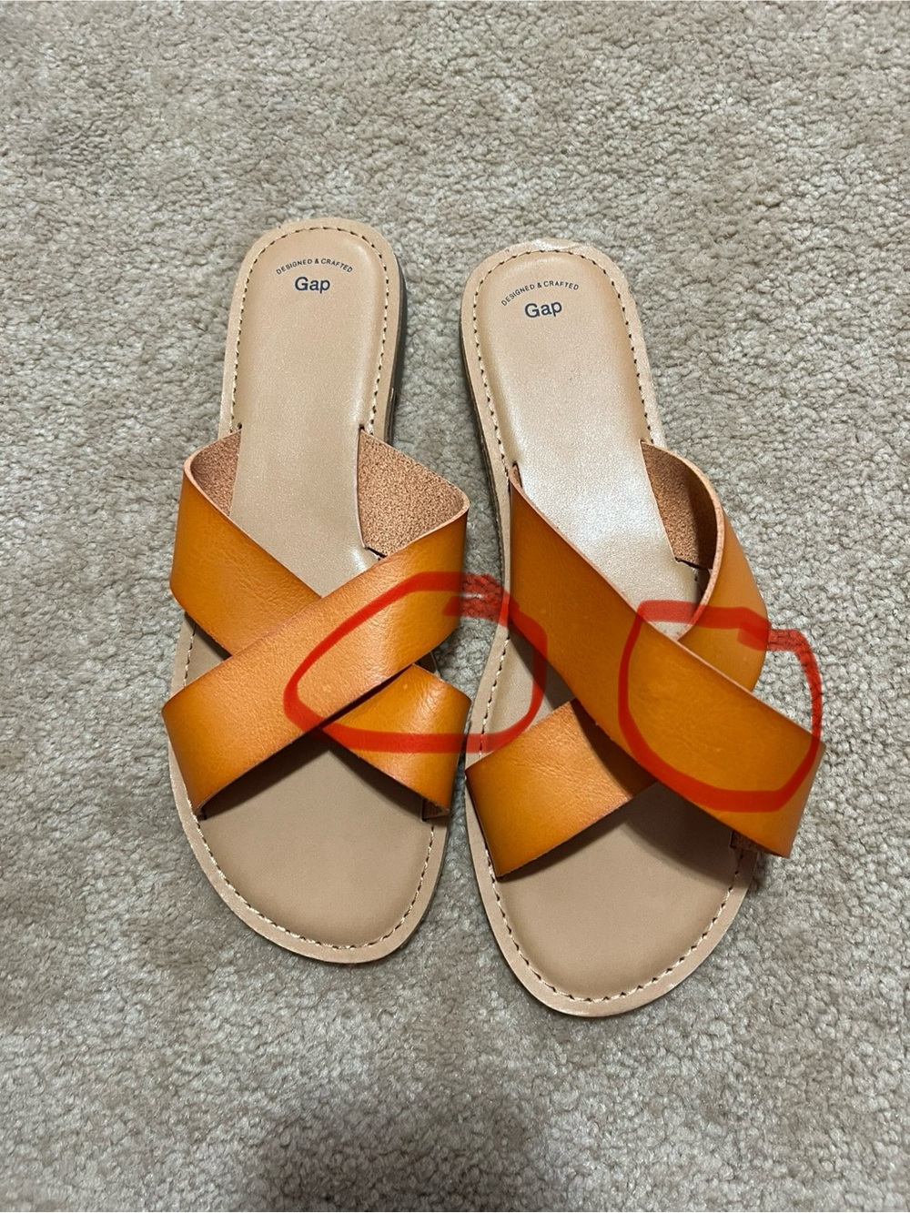NWOT - GAP Women's Cognac Leather Cross-Strap Slide Sandals - Picture 7 of 7